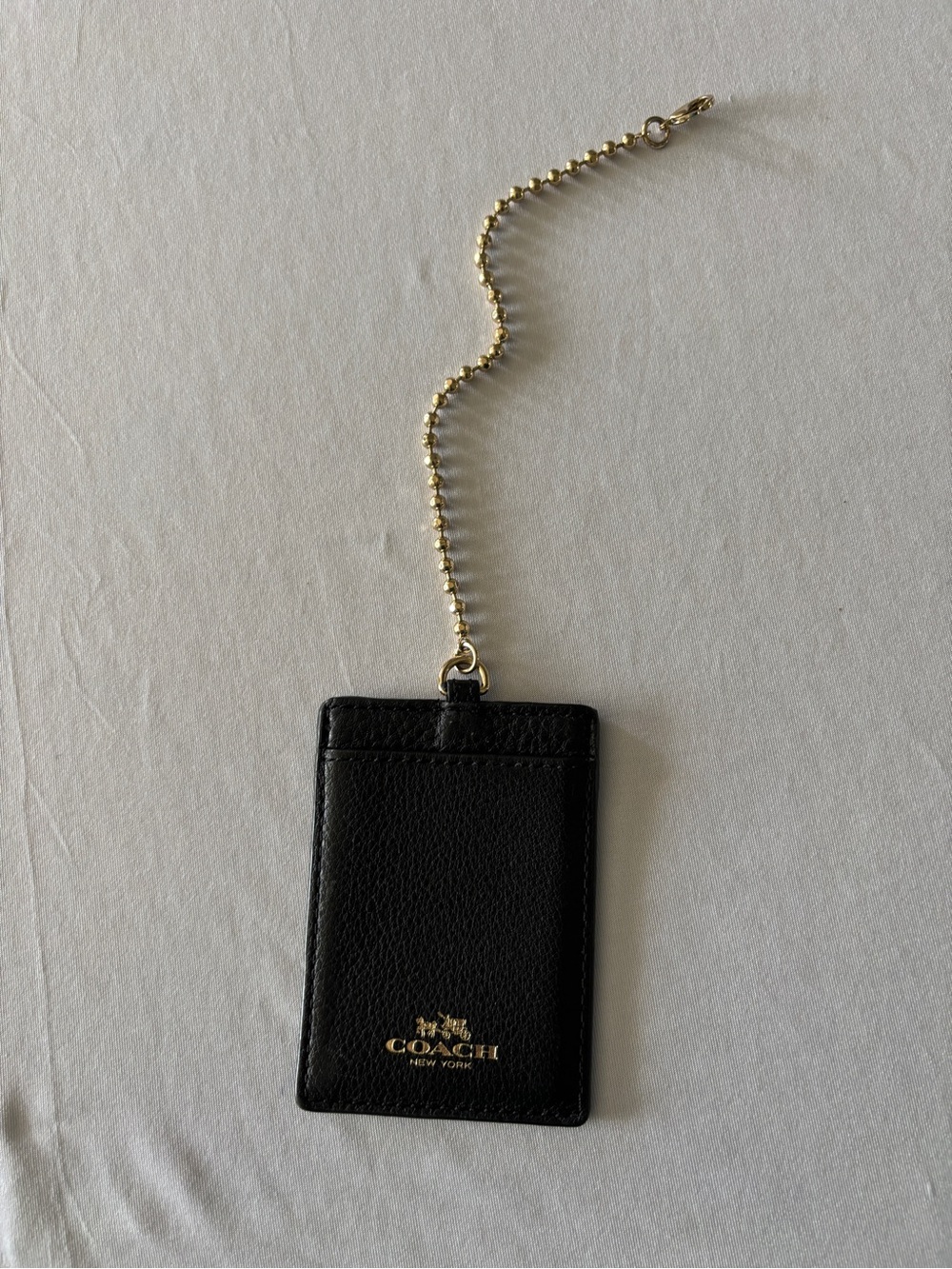 Coach Black Leather ID Card Badge Holder with Gold Chain